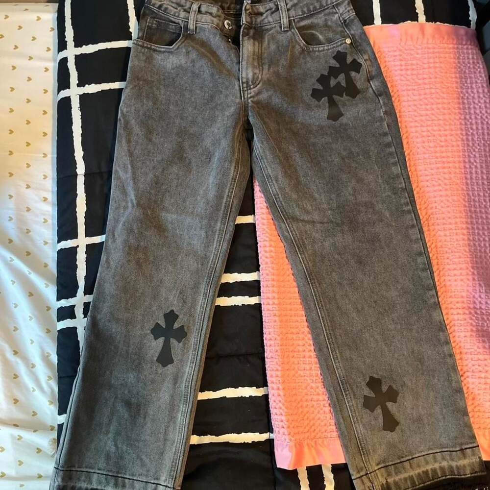 PrettyLittleThing Petite Black Cross Print Jeans Size 0